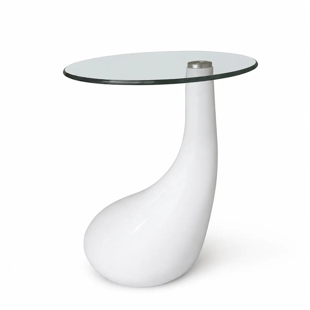 Table basse design avec plateau en verre rond et base sculpturale blanche, style moderne contemporain