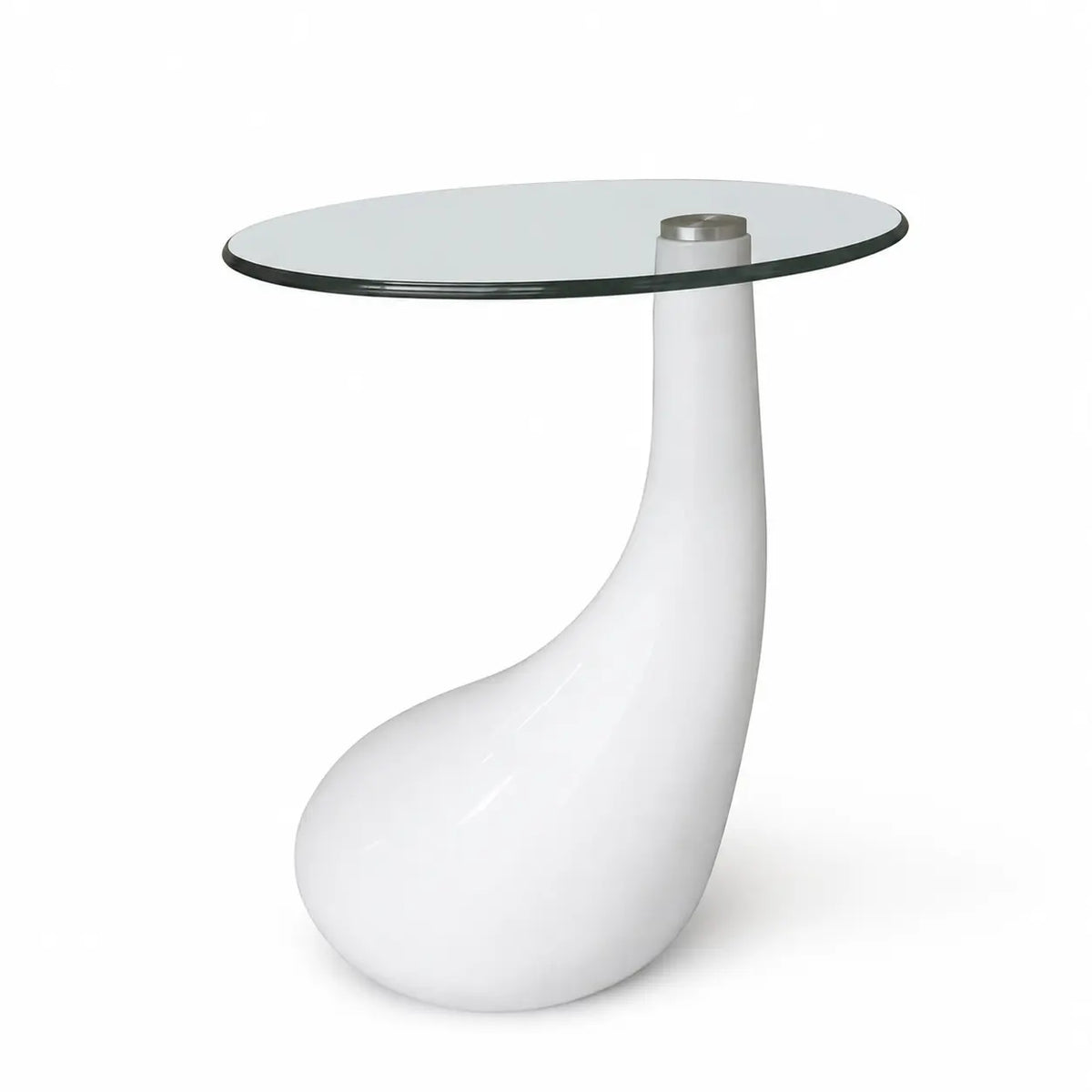 Table basse design avec plateau en verre rond et base sculpturale blanche, style moderne contemporain