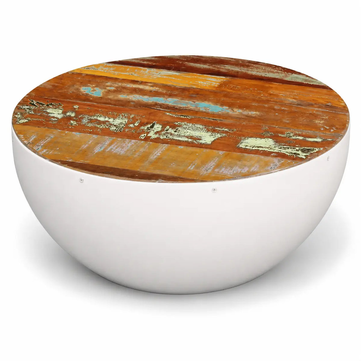 Table basse ronde avec base blanche incurvée et plateau en bois recyclé vieilli aux finitions rustiques multicolores