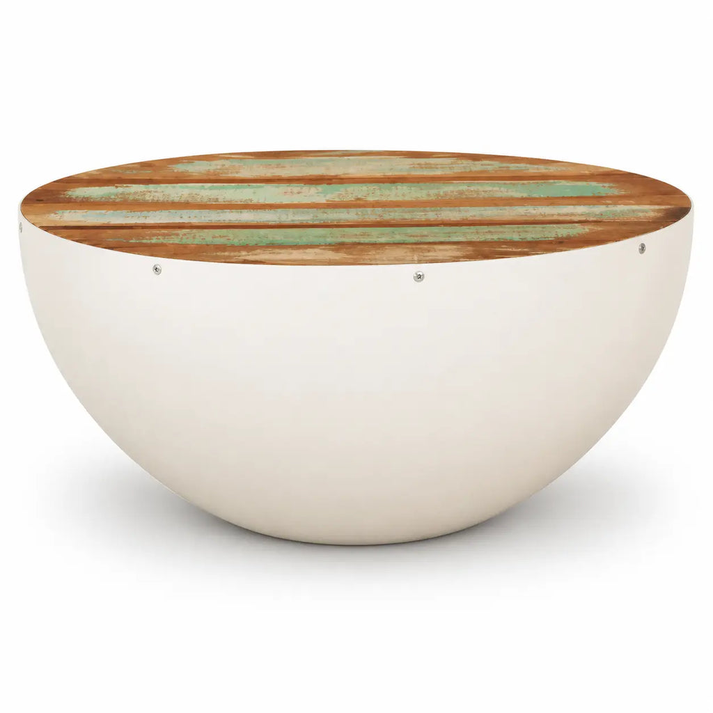 Table basse ronde avec base blanche incurvée et plateau en bois recyclé vieilli à rayures vertes et brunes