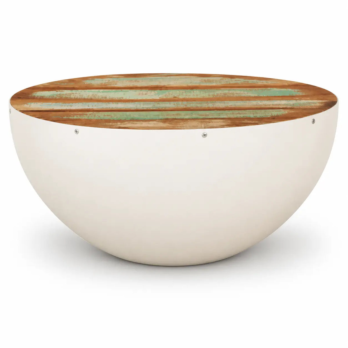 Table basse ronde avec base blanche incurvée et plateau en bois recyclé vieilli à rayures vertes et brunes