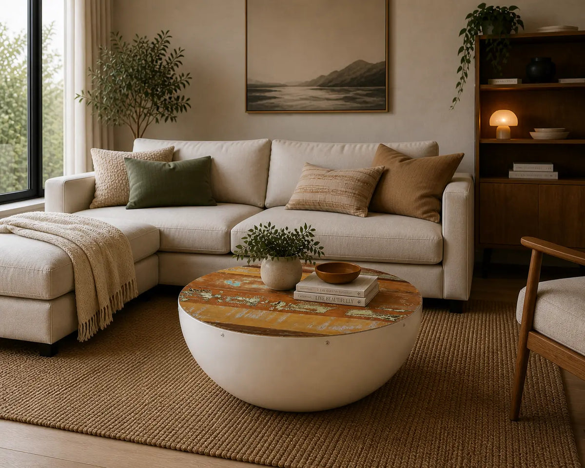 Salon chaleureux avec table basse ronde en bois recyclé et base blanche, devant un canapé d’angle beige contemporain