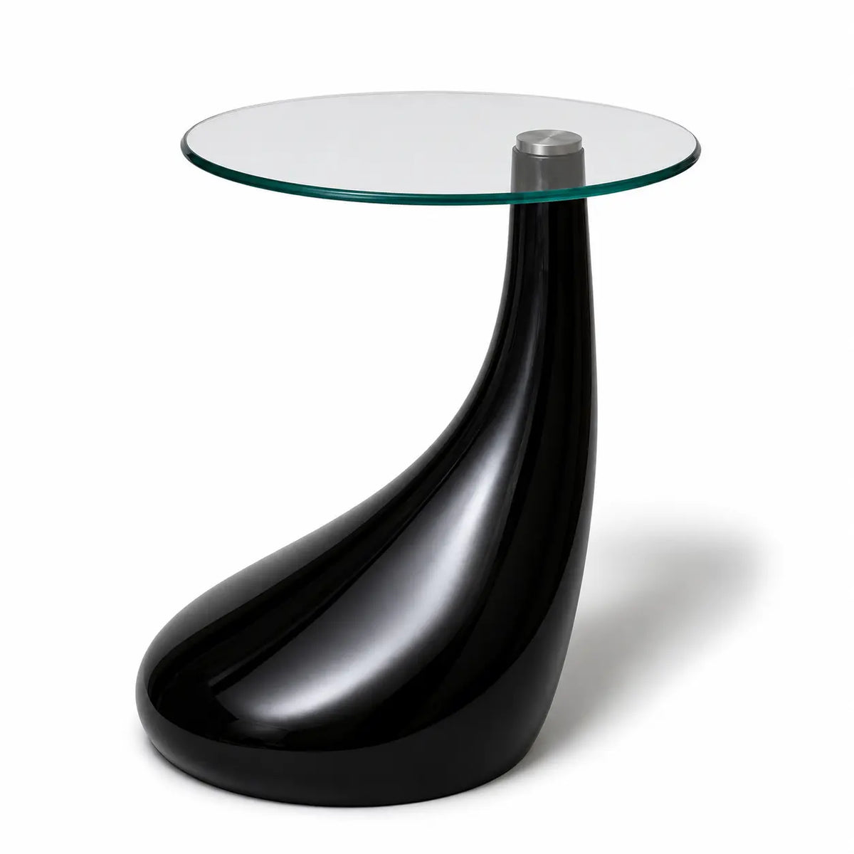 Table basse ronde Norin en verre avec base noire sculpturale brillante au design contemporain élégant