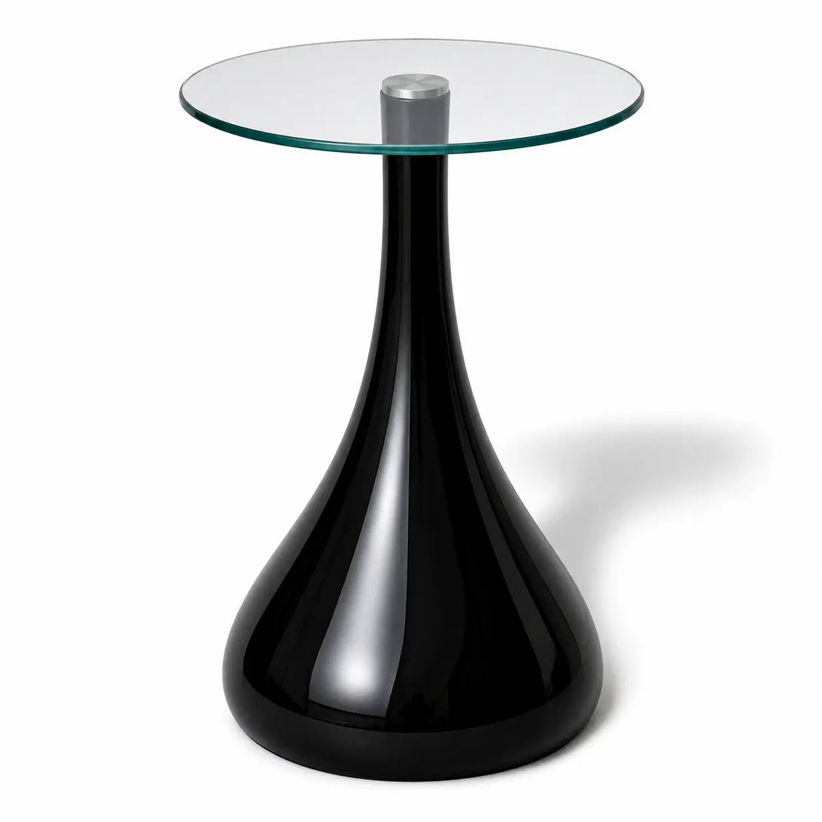 Table basse ronde Norin avec plateau en verre transparent et pied noir brillant au design moderne sculptural