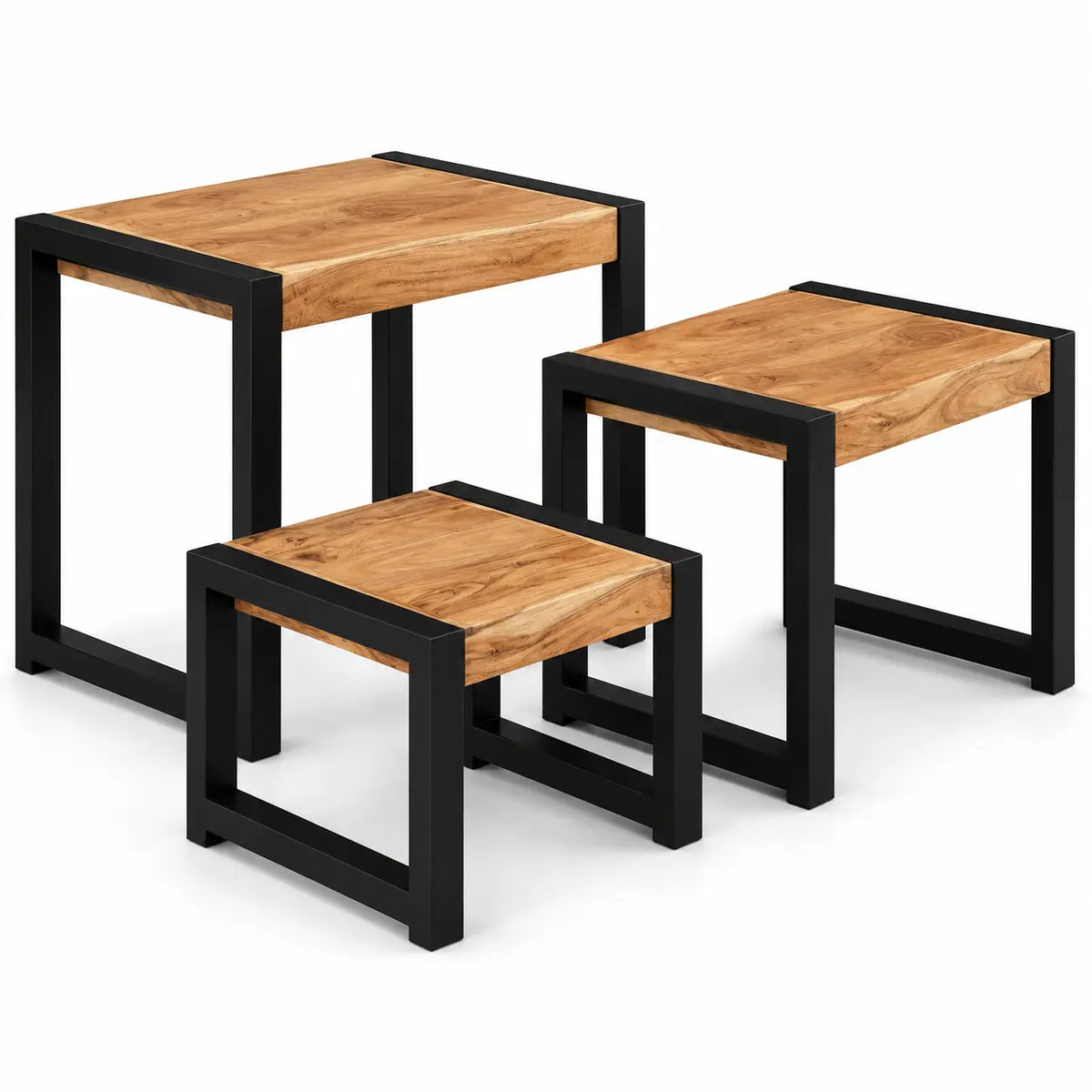 Table basse Rectangulaire Gigognes Flowa avec plateaux bois et pieds métal noir modernes