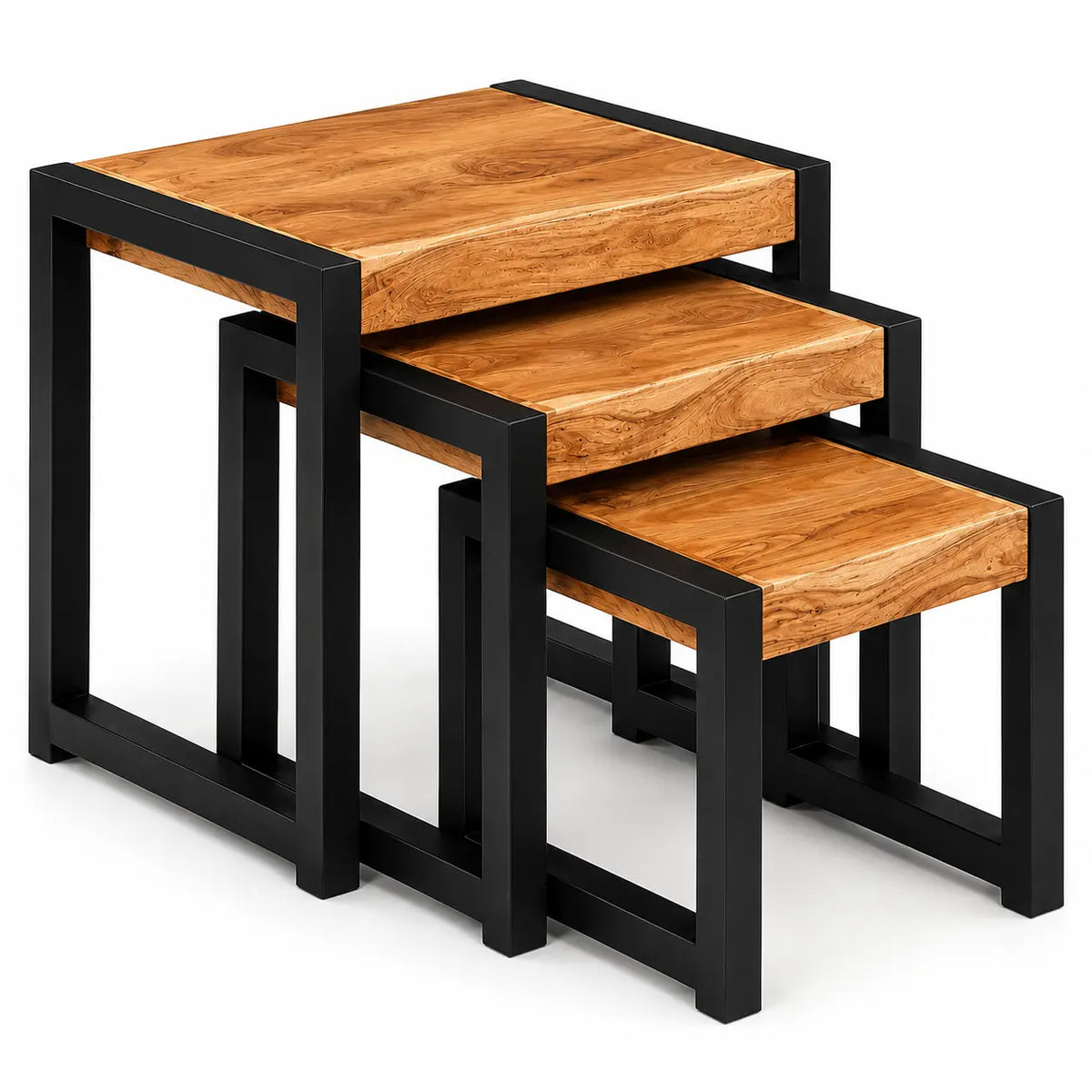 Table basse Rectangulaire Gigognes Flowa avec plateaux bois naturel et structure métal noir