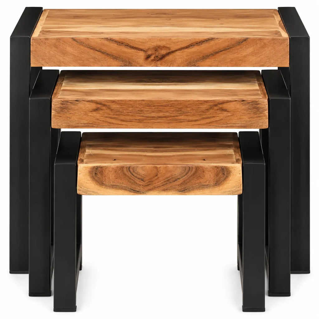 Table basse Rectangulaire Gigognes Flowa avec plateaux bois massif et cadre métal noir