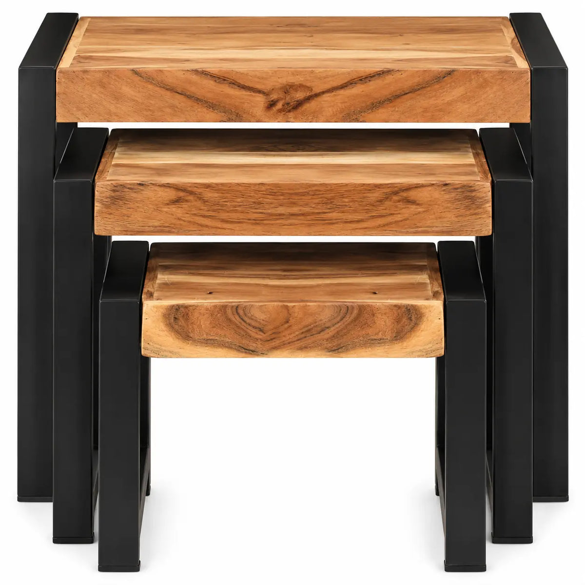Table basse Rectangulaire Gigognes Flowa avec plateaux bois massif et cadre métal noir