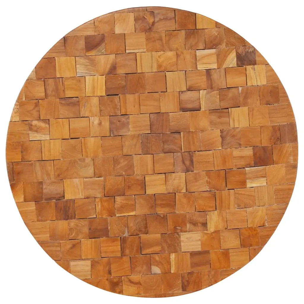 Vue dessus de table basse en bois massif mosaïque, plateau ovale avec assemblage artisanal de blocs aux tons naturels