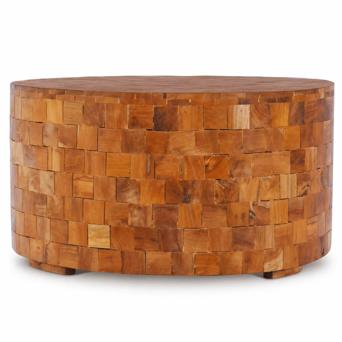 Table basse ovale en bois massif mosaïque, finition naturelle chaleureuse, design artisanal contemporain
