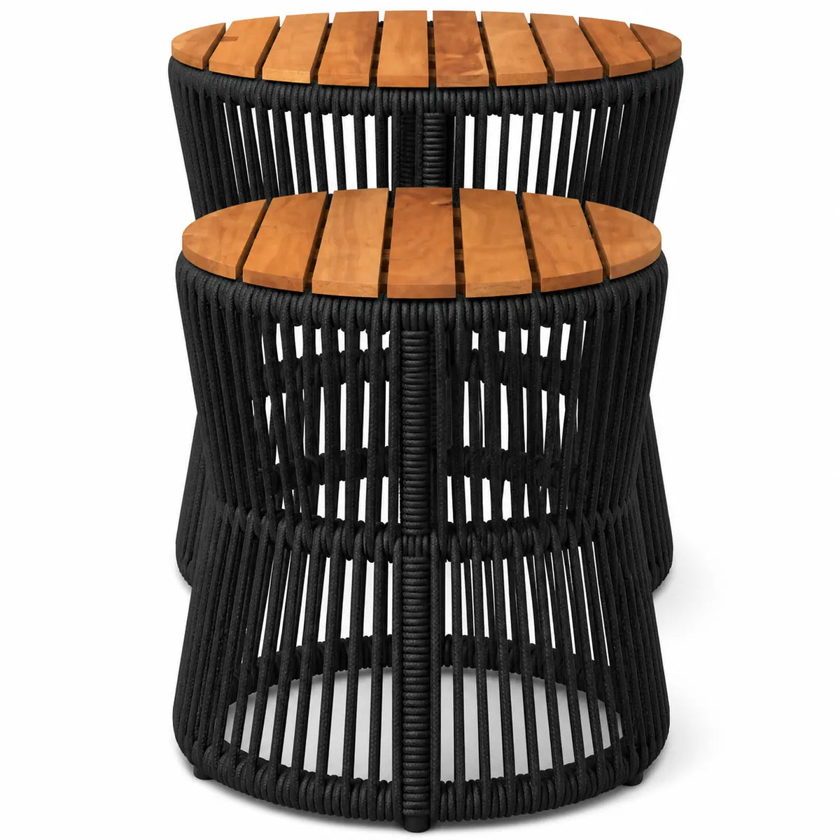 Tables basses rondes de jardin Structa empilées avec plateau en bois et structure en rotin noir