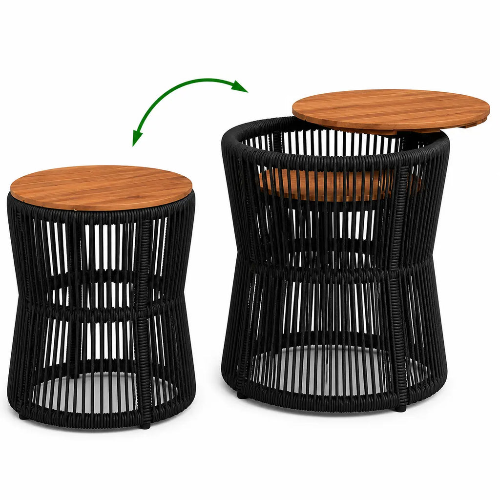 Tables basses rondes de jardin Structa avec rangement intégré et plateau en bois relevable