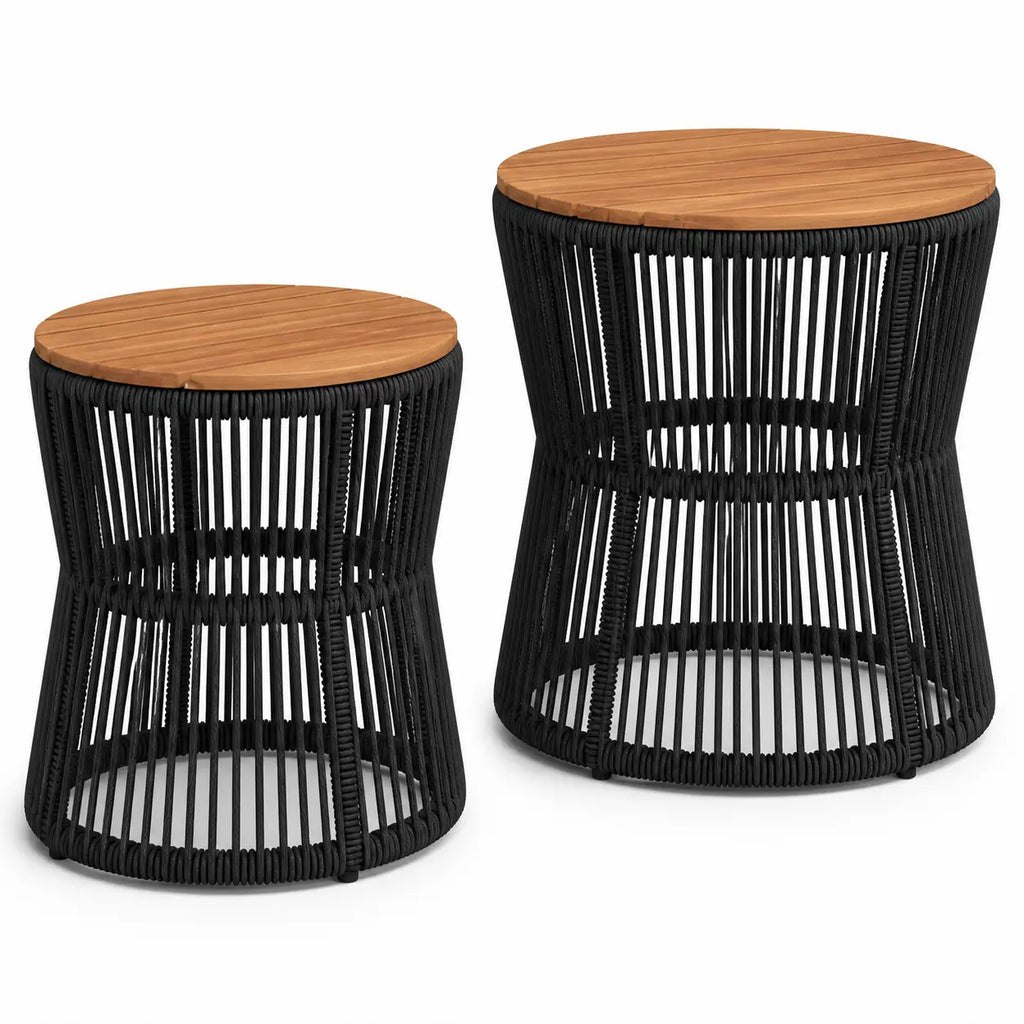 Tables basses rondes de jardin en rotin Structa avec plateau en bois et design moderne élégant