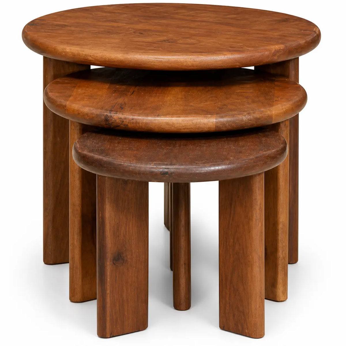 Tables basses gigognes rondes en bois massif empilables avec finition brun foncé et design moderne