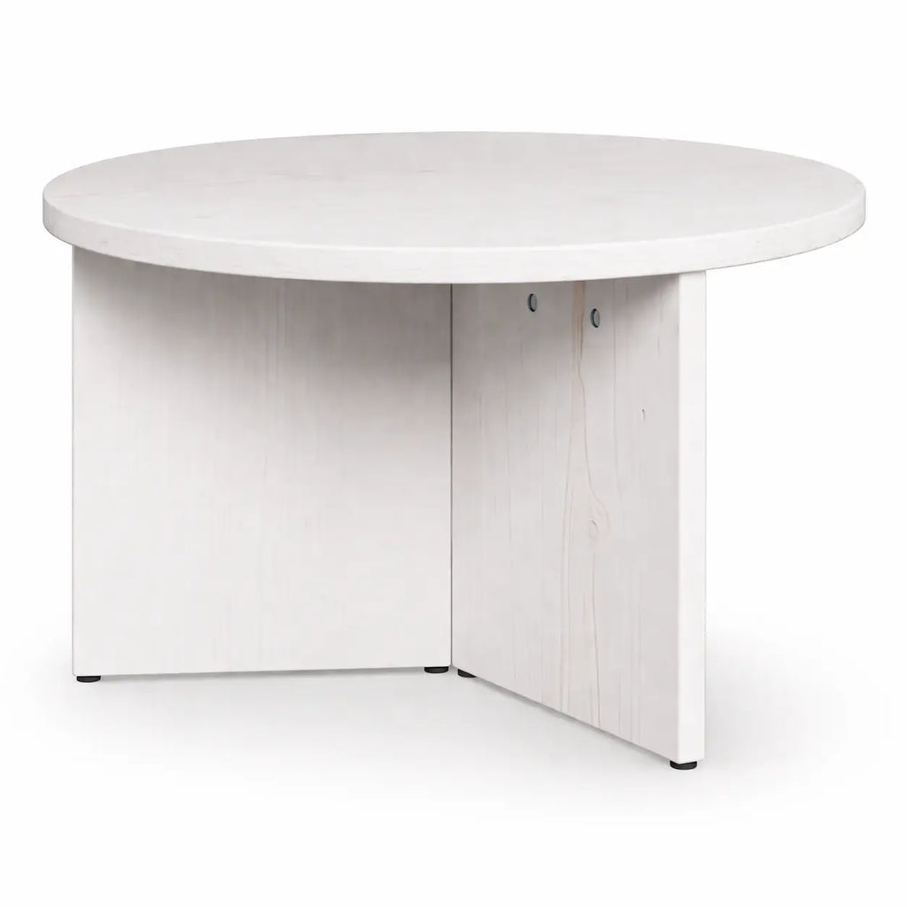 Table basse blanche ronde avec base croisée, design minimaliste compact pour salon moderne ou chambre