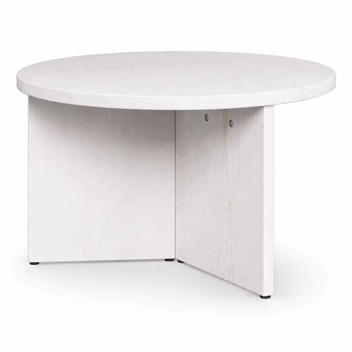 Table basse blanche ronde avec base croisée, design minimaliste compact pour salon moderne ou chambre