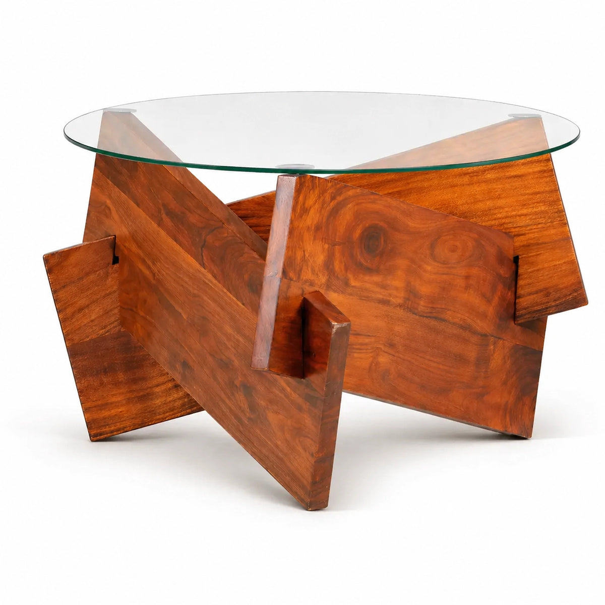 Table basse design ronde en verre avec base sculpturale géométrique en bois massif brun contemporain